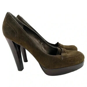 Stuart Weitzman heels size 11 olive green suede penny loafers chunky platforms